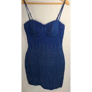 Haute Monde Denim Mini Dress Women's Medium Blue Rhinestone Studded Bodycon EUC